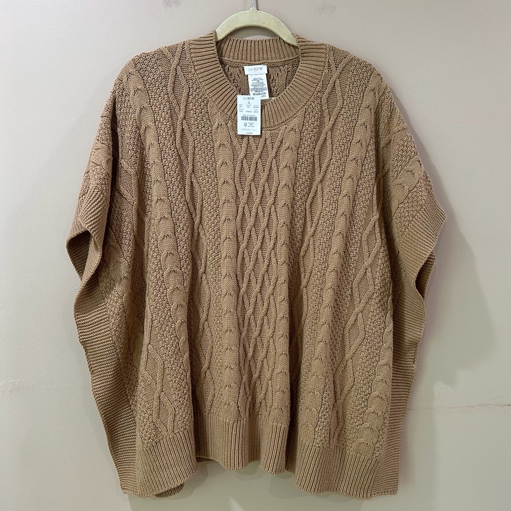 J.Crew Womens Camel Brown Fisherman Cable Knit Cape Poncho Pullover Sweater OZ